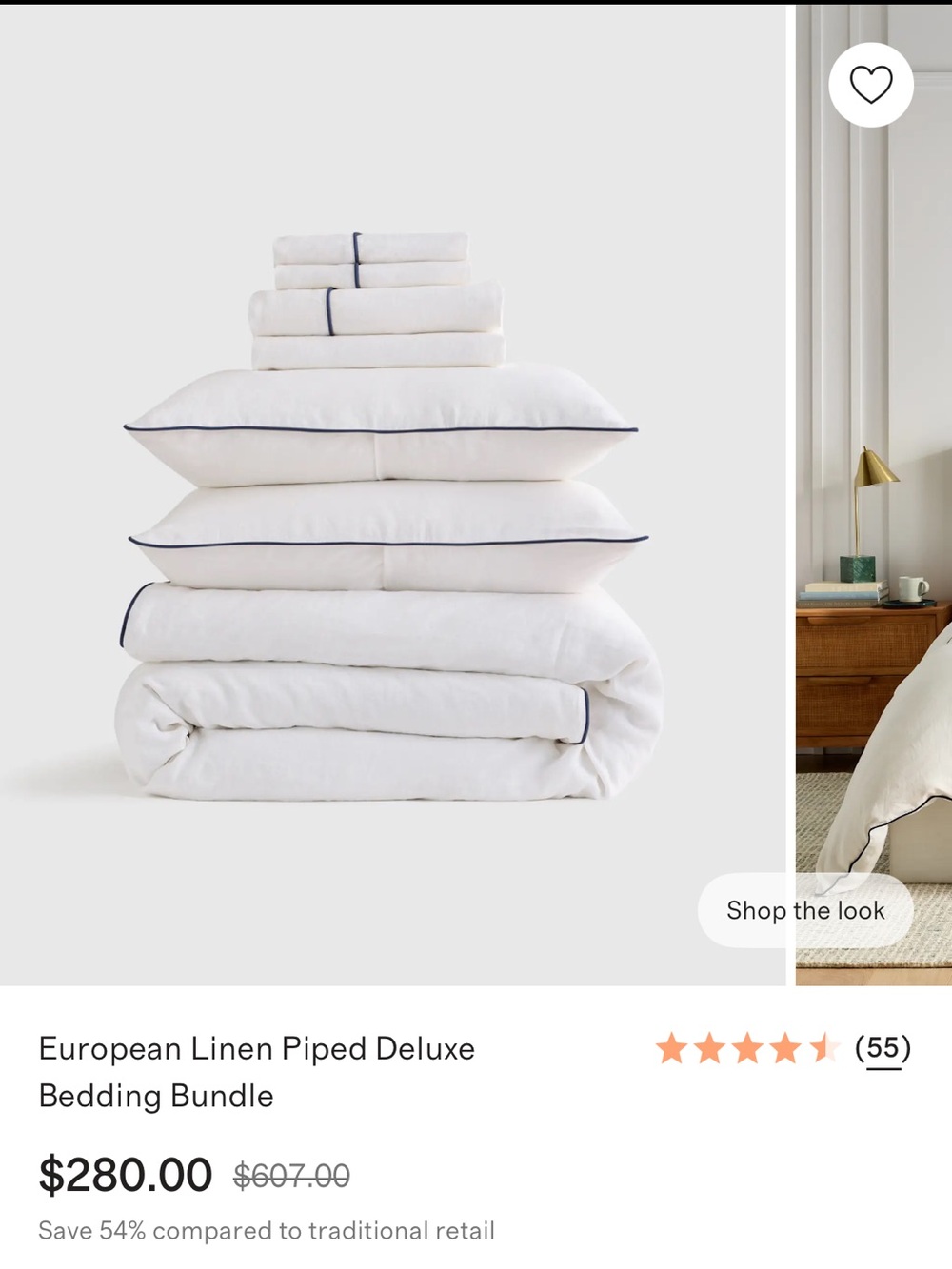 European Linen Piped Deluxe Bedding Bundle in White with Navy Trim